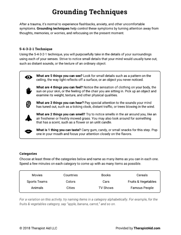 A worksheet titled Grounding Techniques. There are instructions and steps for how to complete the grounding exercises described. This worksheet will be further explained in the Self-Help Resources folder.